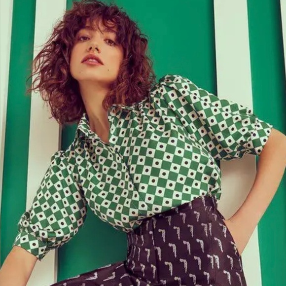 Lisou Betty Diamond print green silk blouse shirt button down UK 12 US 8 - Picture 1 of 9